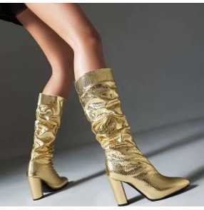 women's golden silver sequins jazz dance high heeled boots model show catwalk under knee length boots night club dj ds singer dancing shoes for female